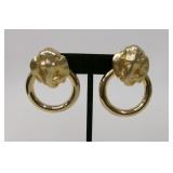 Gold Tone Elephant Head Door Knocker Earrings
