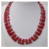 Lisner Signed Red Thermoset Silver Choker Necklace