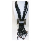 Black Bead Multi-Strand Abalone Tassel Necklace