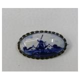 Hand-Painted Delft's Blue Windmill Sterling Brooch