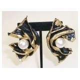 Black & Gold Paper Mache Faux Pearl Clip Earrings