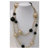 Long Gold Tone Mesh Covered Faux Pearl Necklace