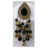 Gold-Tone Black Beaded Dangle Brooch