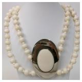 Carved Bone Beaded Necklace w/ Oval Pendant