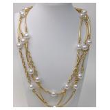 Faux Pearl & Gold Metal Bars Chains Necklace