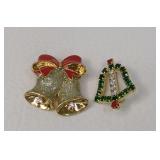2 Vintage Christmas Bell Brooches