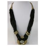 Multi-Strand Wood Bead Brass Rings Necklace