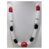 1980s Black White & Red Plastic Beaded Necklace