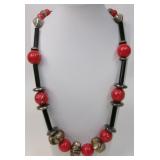 Red Black & Silver Chunky Beaded Necklace