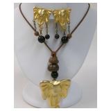 Gold Tone Elephant Wooden Bead Pendant & Earrings