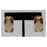 Red & Ivory Enameled Half Hoop Earrings