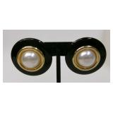 Black Enamel Faux Pearl Post Earrings