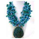 Large Faux Turquoise & Jade Pendant Necklace