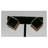 Black & Swirled Enamel Silver Tone Clip Earrings