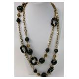 Long Gold Tone & Black Bead Station Necklace