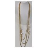 Faux Pearl & Gold Tone Long Chain Necklace