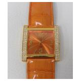 Joan Rivers Orange Leather Croco Rhinestone Watch