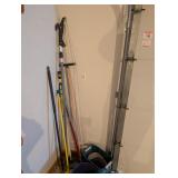 Lot of Brooms, Tree Limb Trimmer, Bucket, Etc