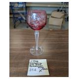 Vintage Cranberry Cut Glass Bohemian Wine Glass