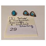 (3) Silver & Turquoised Earrings 1 Marked Sterling