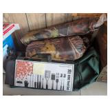 Tent, sleeping bag, barbecue tool set, duffel bag