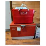 Vintage orange Coleman coolers, plastic and metal