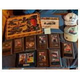 Lot of racing hats, plaques, clock