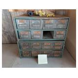 Vintage metal garage. Small drawer organizers, etc