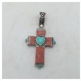 Sterling Silver Turquoise Coral Ablone Cross Pend