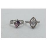 2 Sterling Silver Ring Pink Stones & CZ