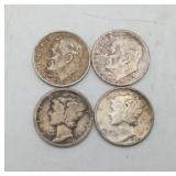 4 Silver Dimes Mercury & Eisenhower