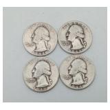 4 Silver Quarters 1944 Washington US Coins