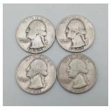 4 Silver Quarters 1960's Washington 25 Cents Coins
