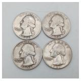 4 Washington Silver Quarters 1950s US 25 Cent Coin
