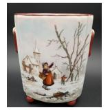 Hand Painted Porcelain Vase Winter Scene Footed