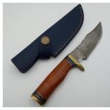 Damascus Steel Brass Butt Hunting Knife & Sheath