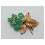 Gold FILLED Leaf Brooch with JADE Color Stones