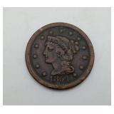 1854 Large Cent Braided Hair US One Penny Coin