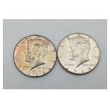 2 Kennedy Half Dollar US Silver Coins 1964