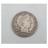 1901 Barber Silver Quarter 25 Cent US Coin