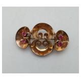Gold Filled WHITE Flower Brooch Red Stone Pin