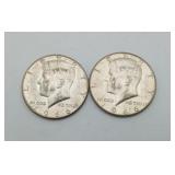 2-1966 Kennedy Silver Half Dollar Coins 40%