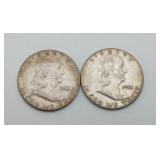 2 Ben Franklin Silver Half Dollars 1961 US Coins