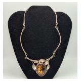Silver Amber Reverse Cut Floral Necklace NOT STERL