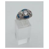 New Sterling Deco Style Ring Blue & Wht Stones