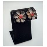 Sterling Silver Red Rhinestone Flower Earrings