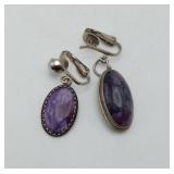 Charoite Clip On Dangle Earrings NO STERLING MARK