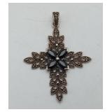 Sterling Silver Onyx Marcasite Cross Pendant