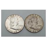 2 Ben Franklin Half Dollar US Silver Coins 1962