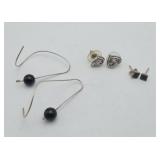 Sterling Silver Oynx Heart Stud Wire Earrings 3set